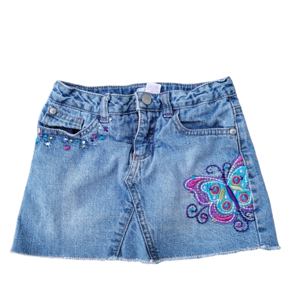 Y2K Butterfly rhinestone embellished denim cutoff mini skirt